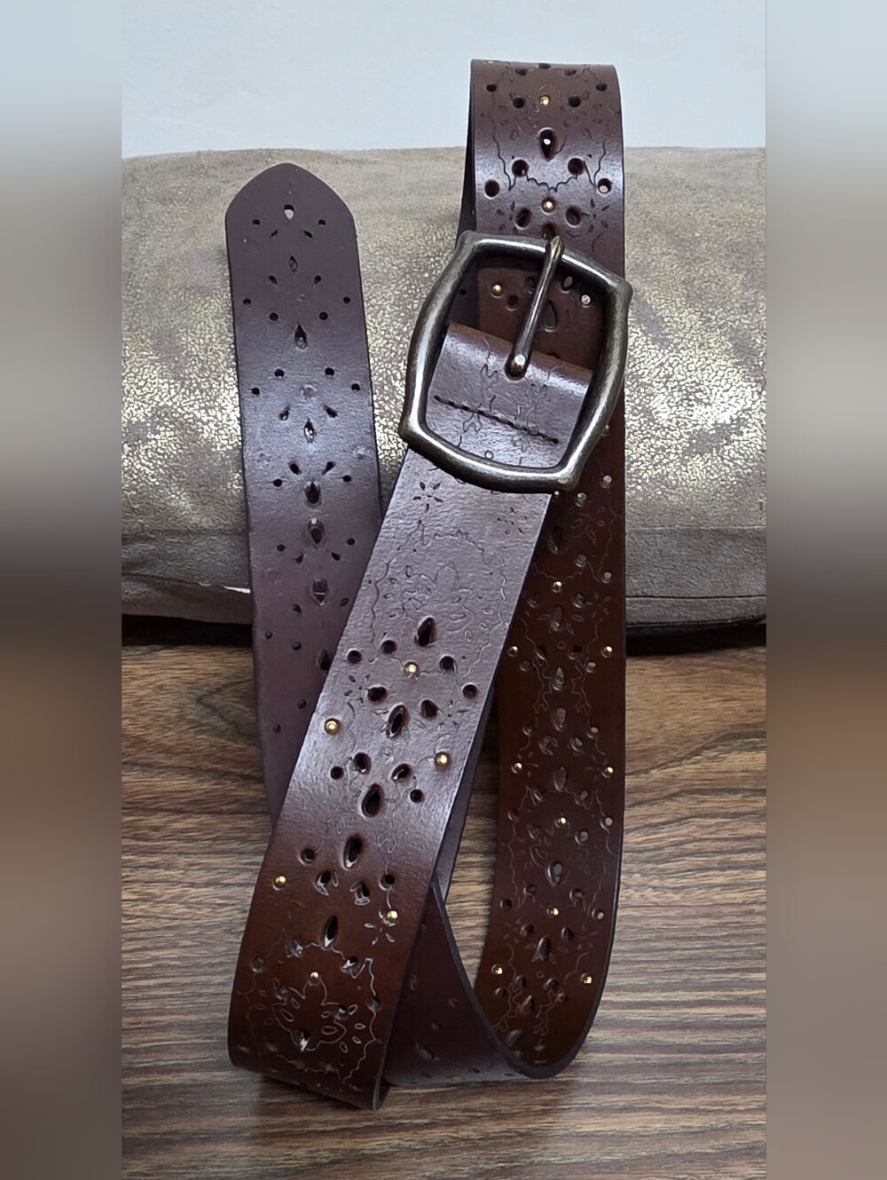 Brown Floral Cutout Belt with Brass Studs And Lazer Etchings
